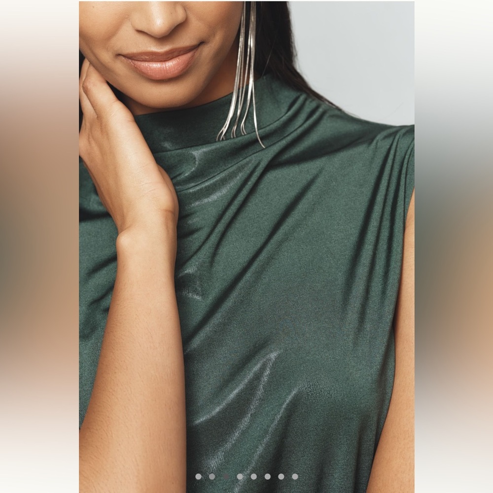 Anthropologie Mock-Neck Ruched Dressy Shine Sleeveless Blouse Maeve XL Green NWT - Picture 2 of 13